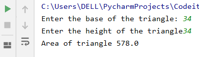 calculating the area of triangle in python using base and height
