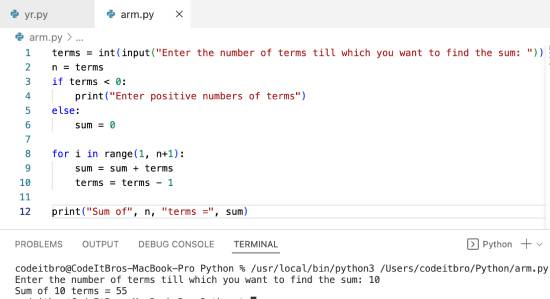python sum natural numbers using for loop