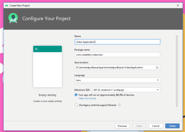 videoview app project configuration in android studio