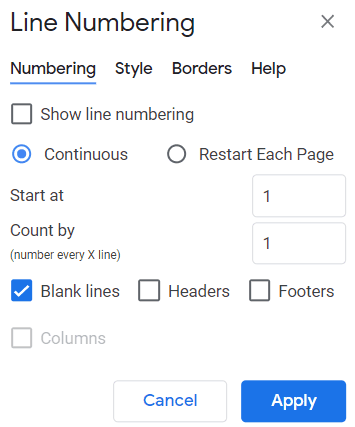 line numbering options