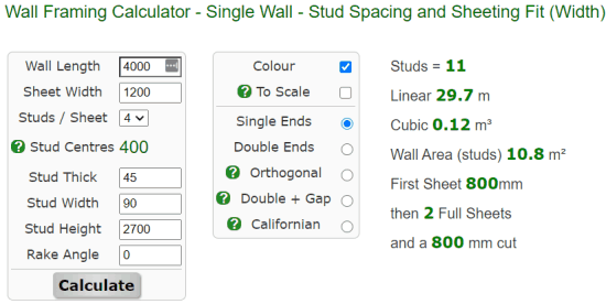 wall framing calculator - single wall - stud spacing