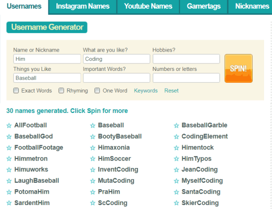 spinxo - username generator based on personality type