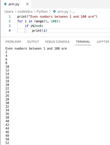 python program to print even numbers between 1 and 100