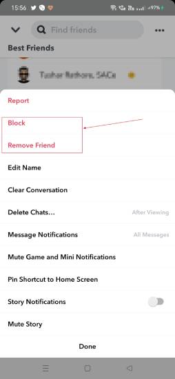 remove friend or block people on snapchat