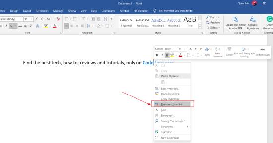 remove hyperlinks In word from the right click menu