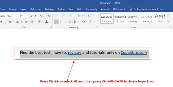 use keyboard shortcuts to remove multiple hyperlinks at once in MS word