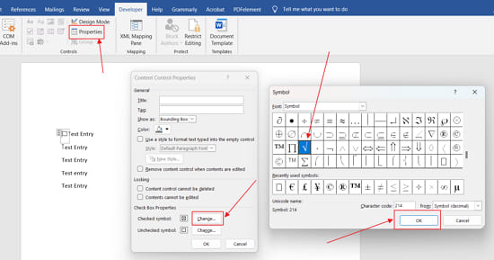 Changing Interactive Checkbox Check Symbol In MS Word
