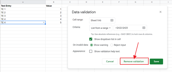 Remove drop down list from Google Sheets