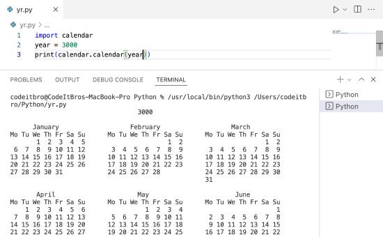 how to display a calendar in python