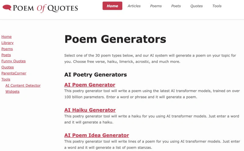 poem of quotes website interface
