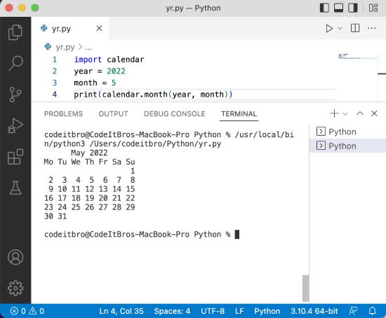 python program to display month calendar
