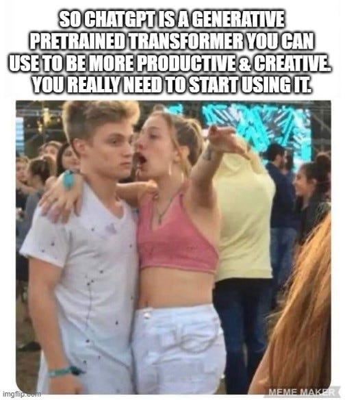 Funny ChatGPT meme about explaining AI at a party.