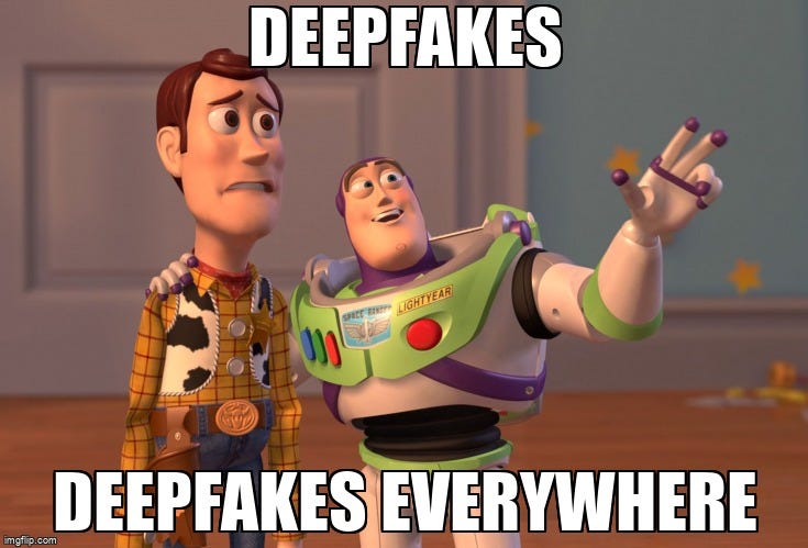 Funny deepfake AI meme showing Buzz Lightyear and Woody reacting to deepfakes appearing everywhere on the internet