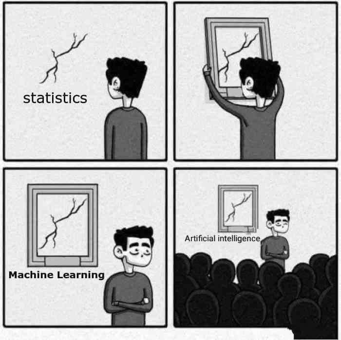 Funny machine learning meme comparing statistics machine learning and AI