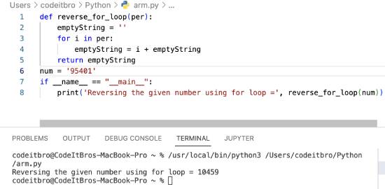 python program reverse number for loop output