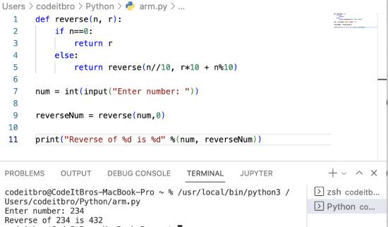 python program reverse number using recursion