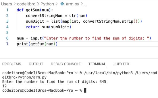 python program to find sum of digits using sum method