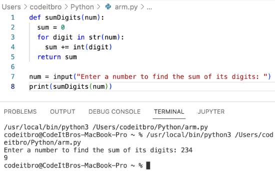 python program to find sum of digits