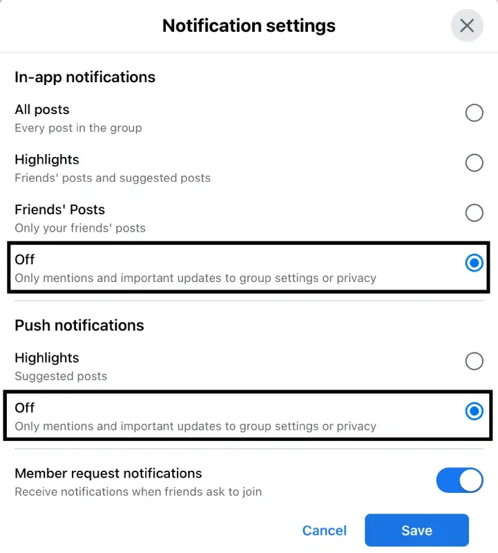 manage in app facebook group notifications