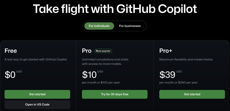 github copilot pricing plans