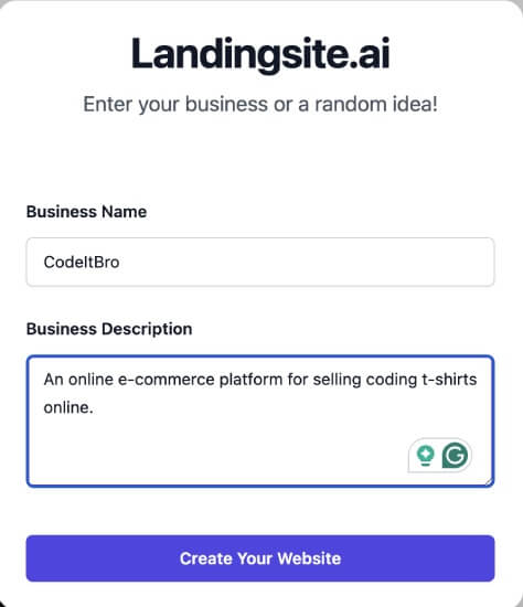 specify business name and description in landingsite.ai