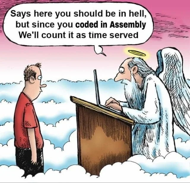 Heaven joke about coding in assembly meme