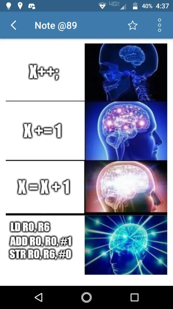 Brain expanding meme showing increment operations up to assembly programming language