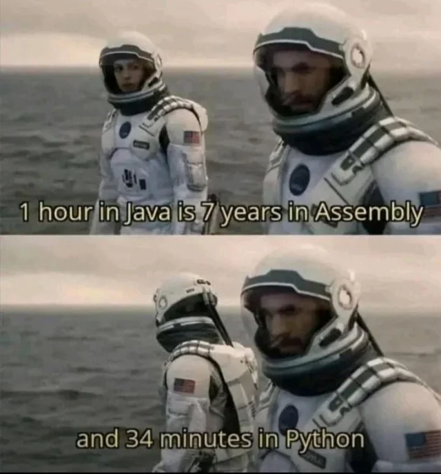 Interstellar meme comparing Java, Assembly, and Python time
