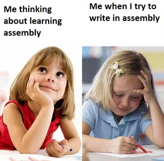 Kid meme comparing thinking about assembly vs writing it