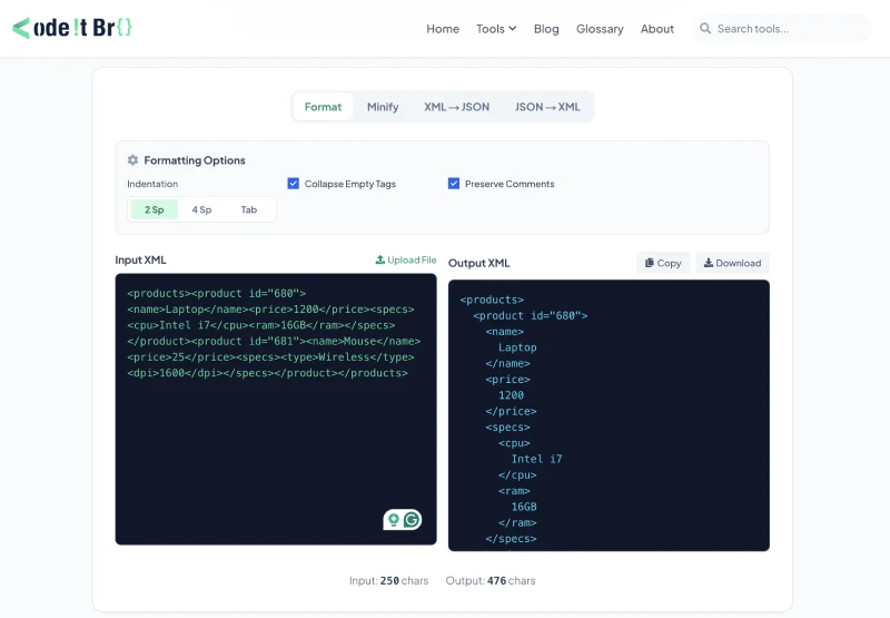 formatting xml with online tool