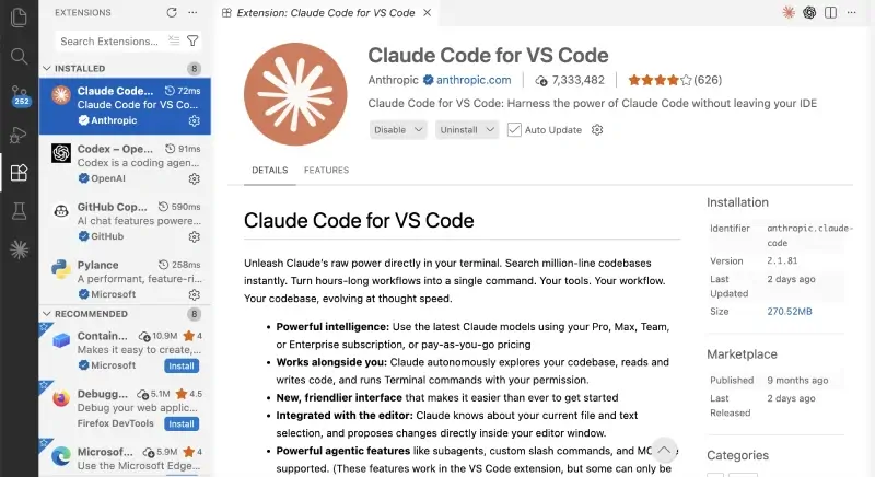 install claude code extension for vs code