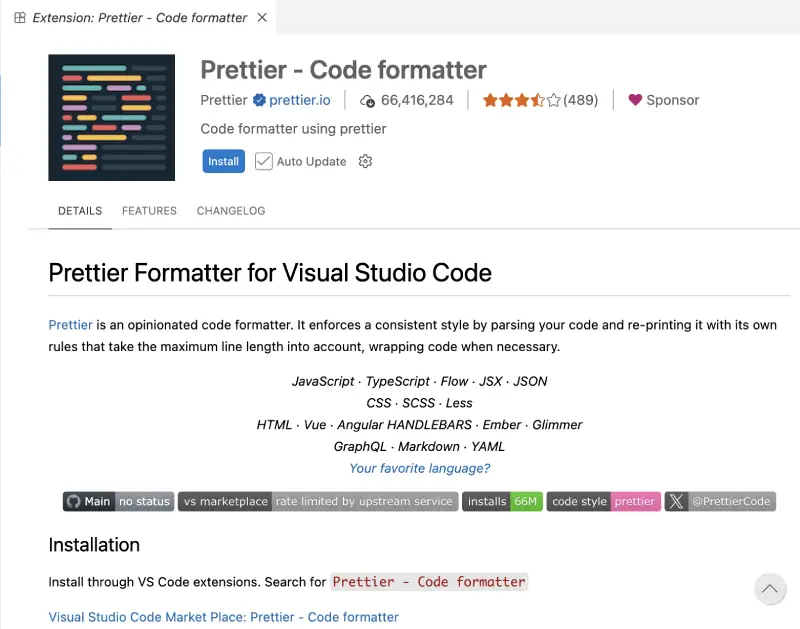 prettier code formatter vs code extension